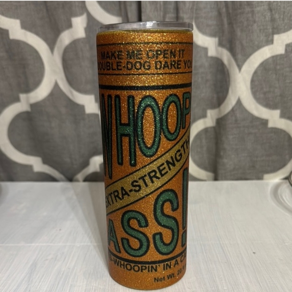 Hogg Vibrant Glitter Open A Can Of Whoop Ass 20 oz Skinny Tumbler NEW